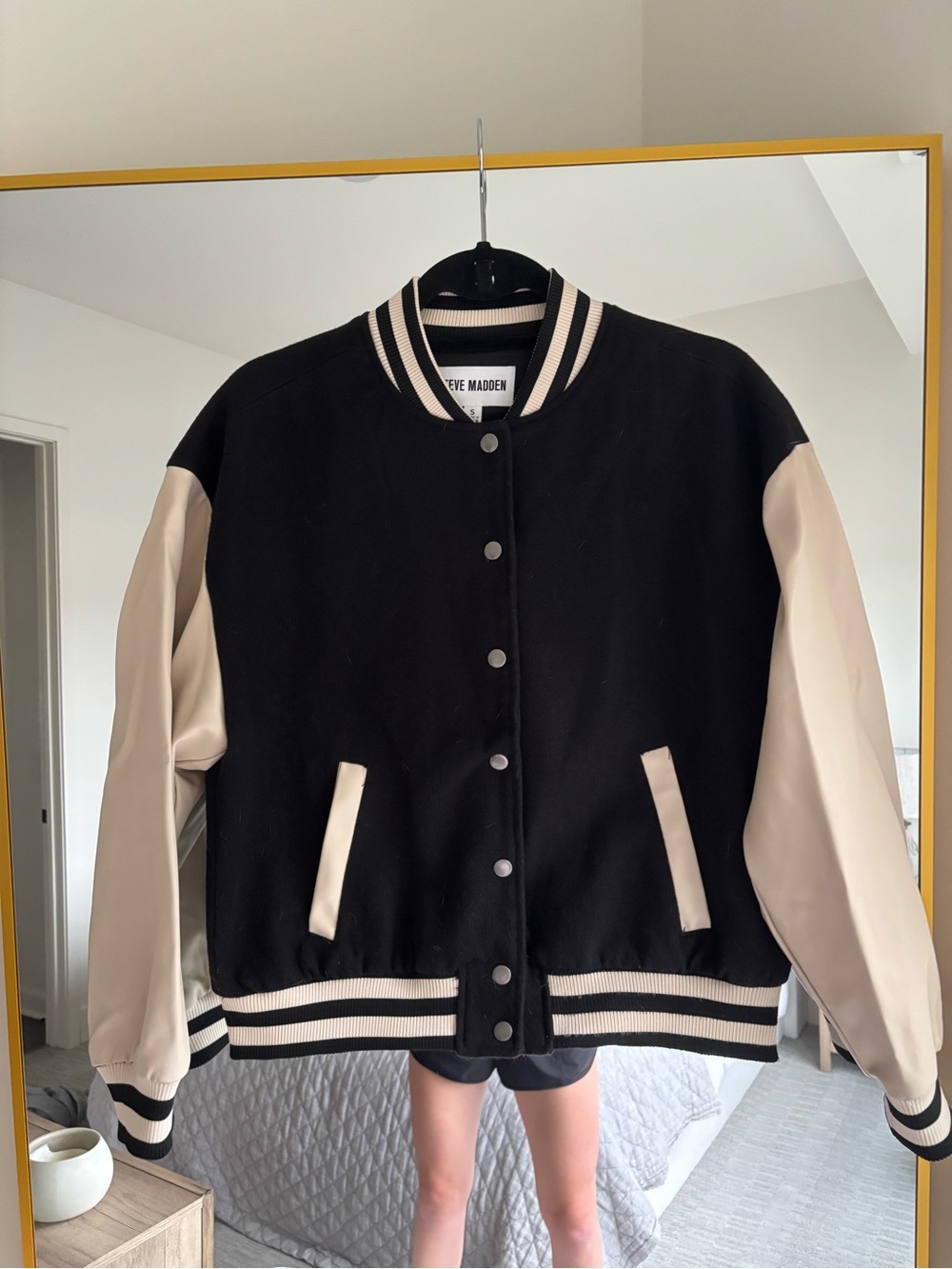 Steve Madden Black Body with Cream Sleeve Varsity Jacket
